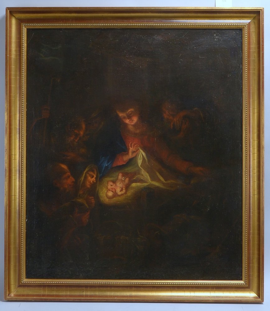 Gemälde, 'Die Geburt Jesu Christi', Öl auf Leinwand/doubliert, unsigniert