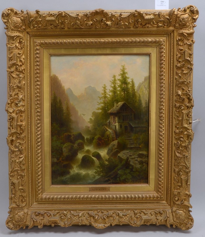 Pickert, Anton, 'Gebirgslandschaft mit Wassermühle', Öl/Holz, unten re. sign.