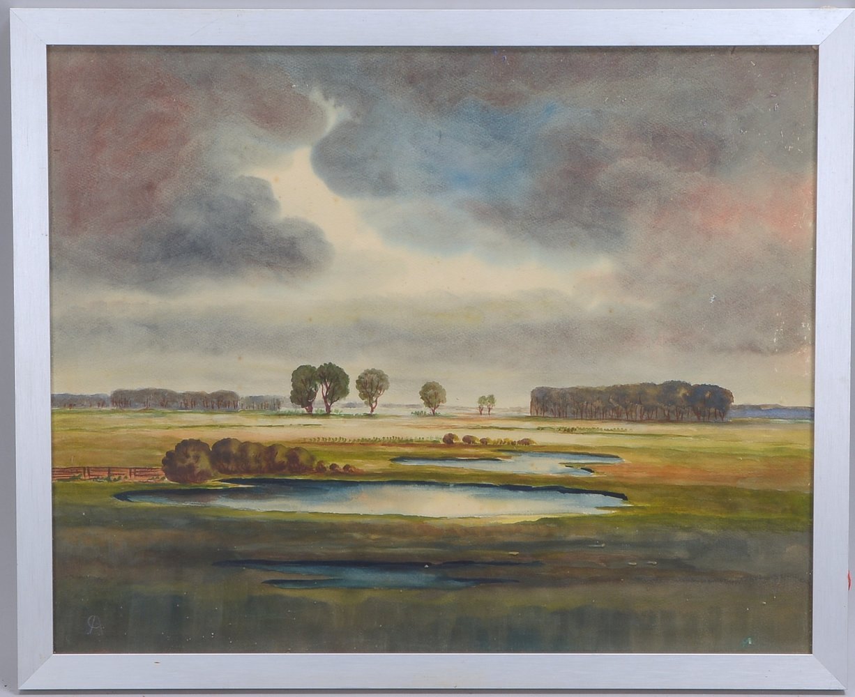 Arnold, Christian, 'Moorlandschaft bei aufziehendem Gewitter', Aquarell, monogr., hinter Glas