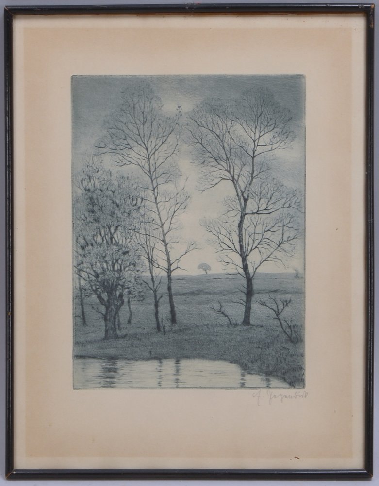 Papendiek, Auguste, 'Weite Landschaft mit Flussufer', Radierung, hinter Glas ger.