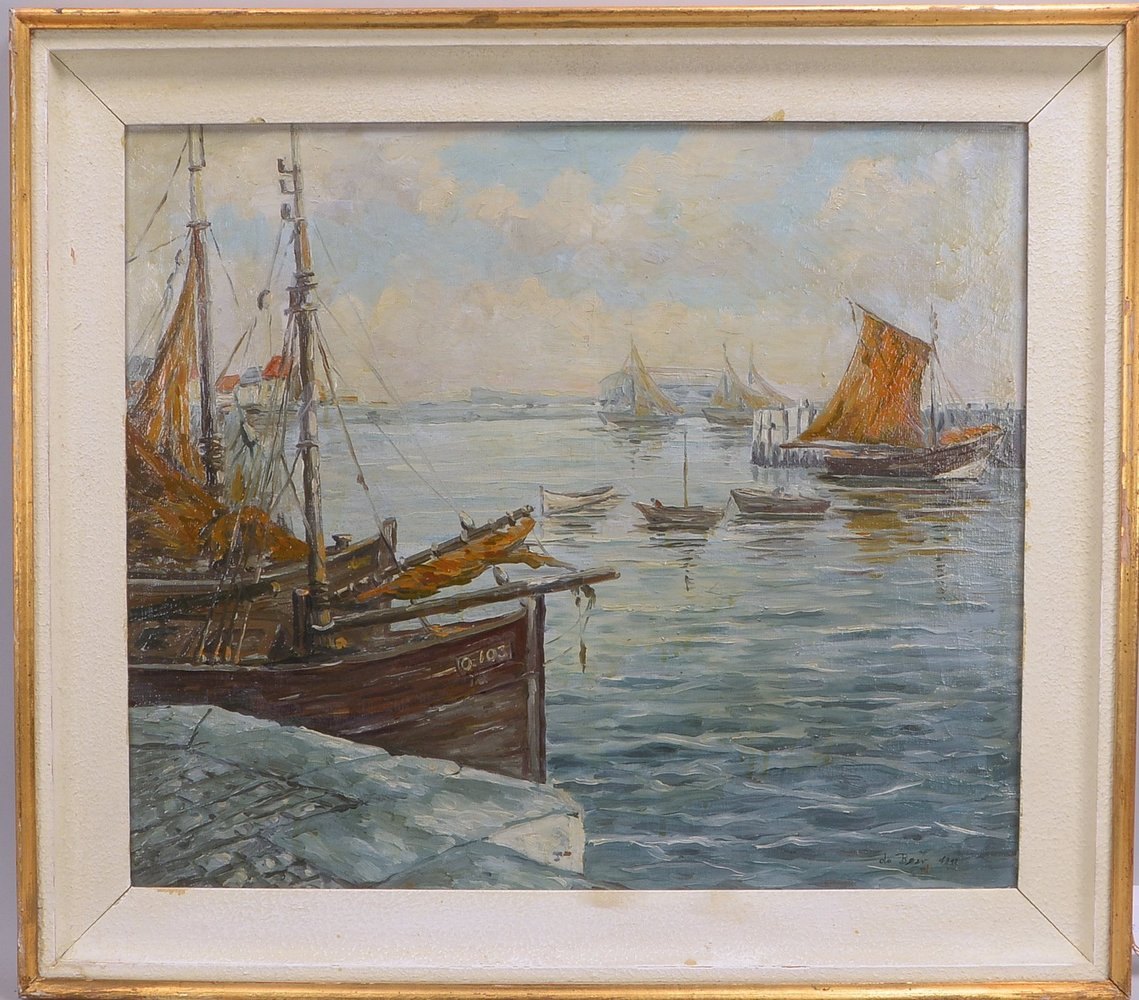 de Beer(?), 'Hafenszene mit Kutter', Öl/Lw, unten rechts signiert; Bildmaße 60 x 70 cm