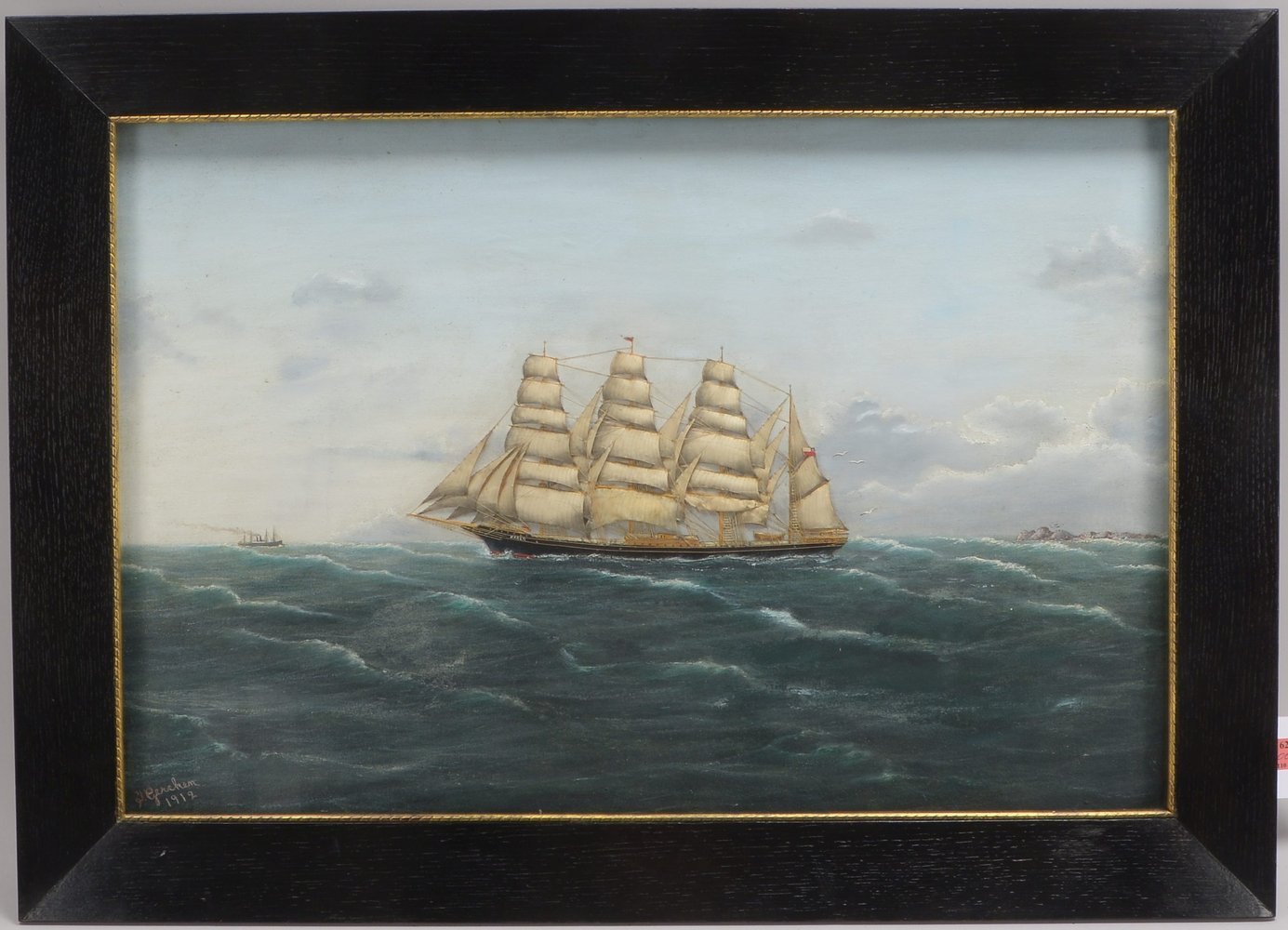Gercken, J., 'Dreimaster auf hoher See', Collage und Öl/Lw, sign./dat. '1912', hinter Glas