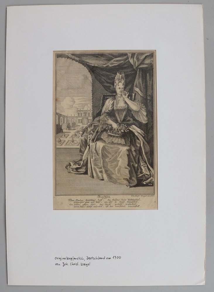Weigel, Joh. Chr., 'Riechen', orig. Kupferstich (um 1700), unter Papier-PP