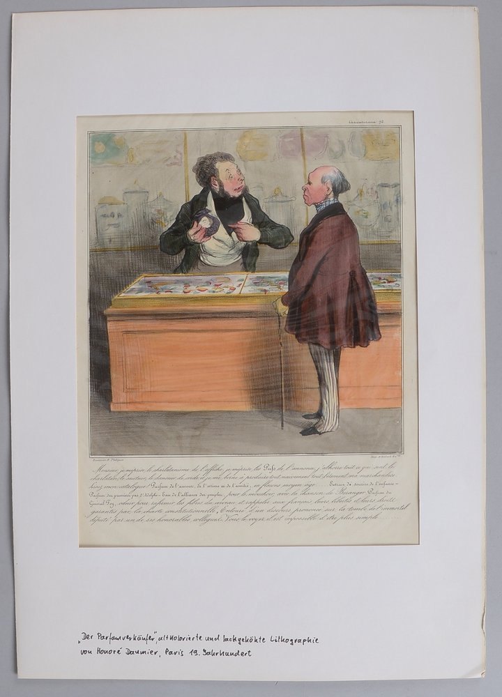 Daumier, Honoré, 'Der Parfumverkäufer', altkol. Lithografie (Paris, 19. Jh.), lackgehöht