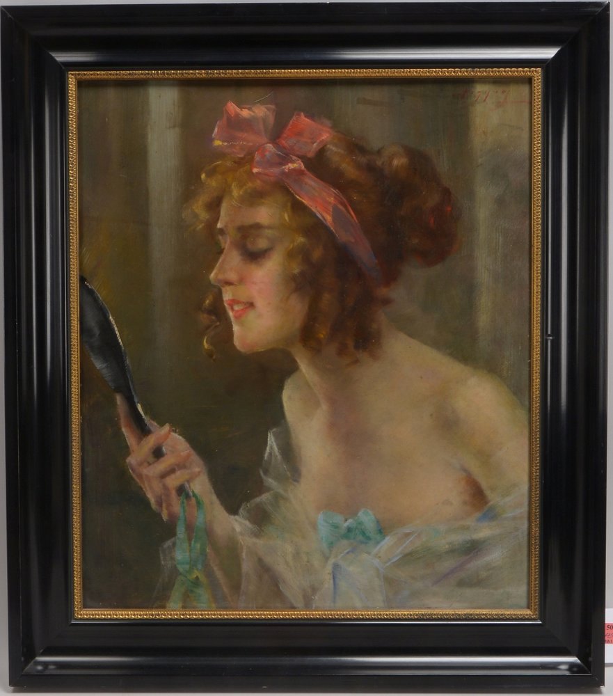 Argyros, Oumbertos, 'Junge Dame mit Handspiegel', Öl auf Holz/ger., oben re. sign.