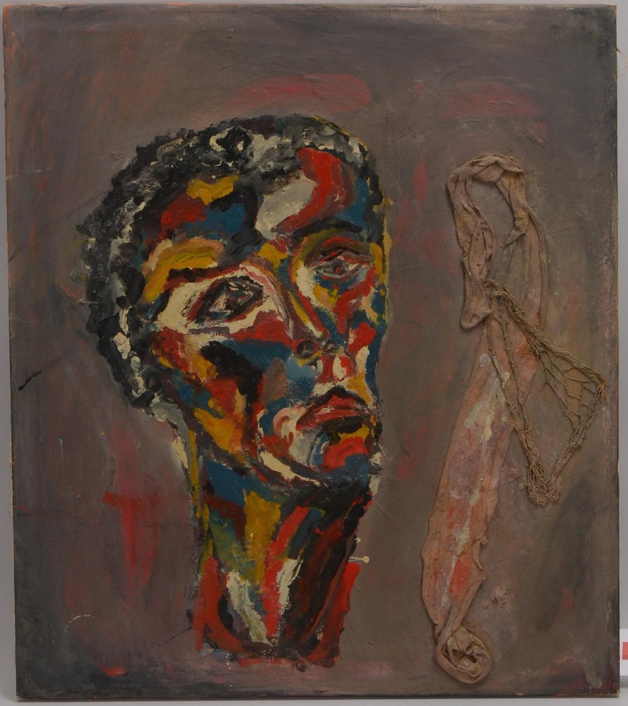 Collage, 'Die Schleife' - Männerportrait und Stofffetzen, Öl und Stoff/Lw, ungerahmt