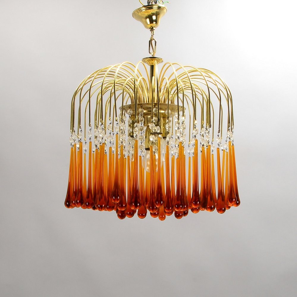 Deckenleuchter, sog. 'Wasserfall', Metall/Glas, geschwungene Arme/Prismen und Murano-Tropfen