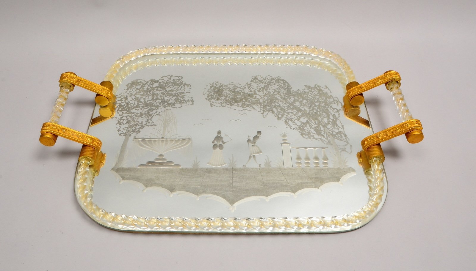Serviertablett, Glas, mattiertes Motiv, 'Galante Szene', Kordelrand, mit 2x Handhaben