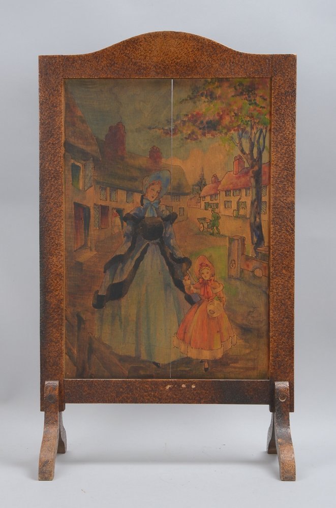 Bodenschirm, Holz, beids. Motiv in Brandmalerei/Lasurfarben: 'Mutter und Kind'/'Kogge auf See'