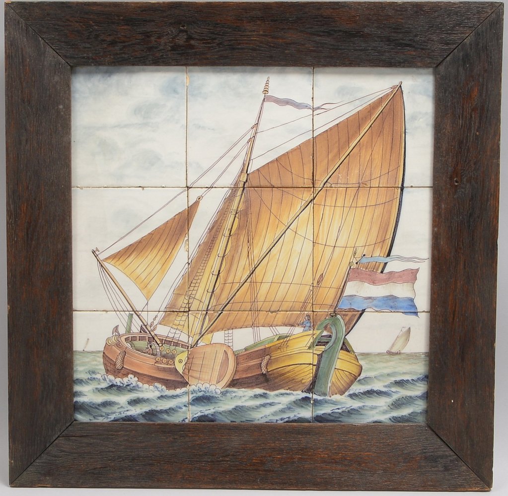 Antikes Fliesenbild, 'Holländ. Plattbodenschiff', aus 9x Fliesen; Maße 50,5 x 50,5 cm