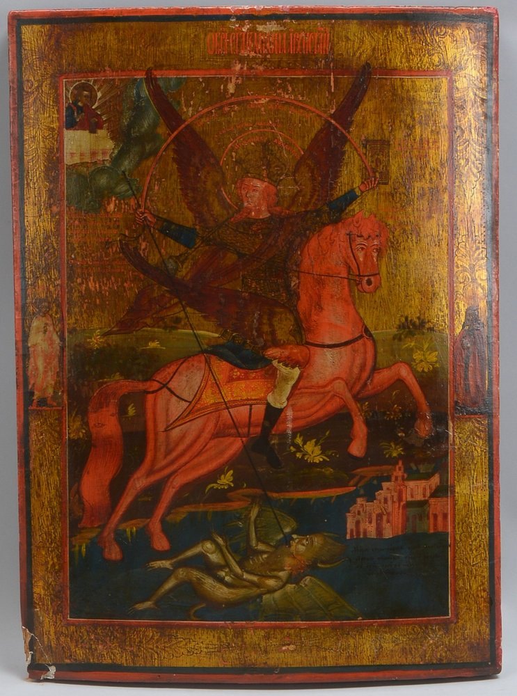 Ikone, 'Erzengel Michael' als apokalypt. Reiter, Tempera auf Levkas/Holz, kirchenslaw. bez.