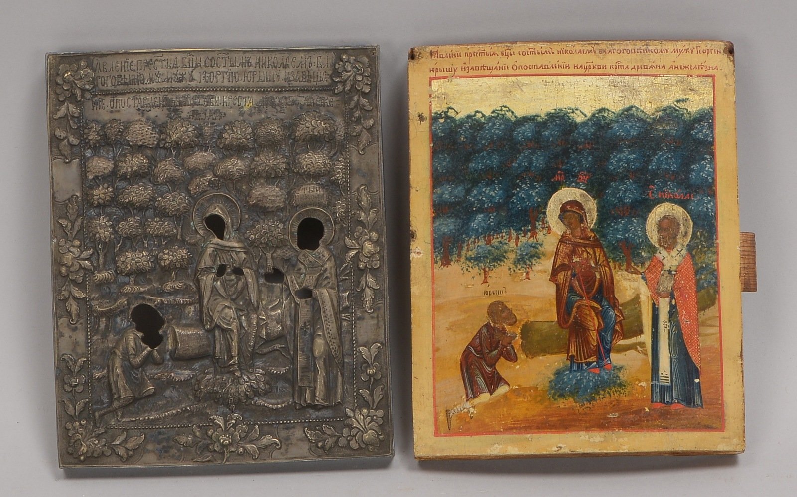 Ikone, 'Erscheinung der Gottesmutter mit Nikolaus vor Juris', Eitempera/Holz, mit Silber-Oklad