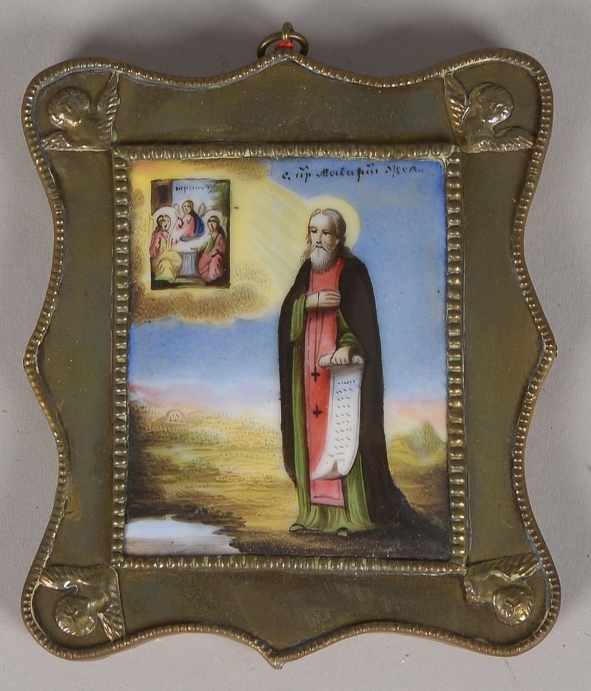 Ikone, 'Hl. Makarij von Kaljazin', Emaille/Porz. im Kupferrahmen - sehr guter orig. Zustand