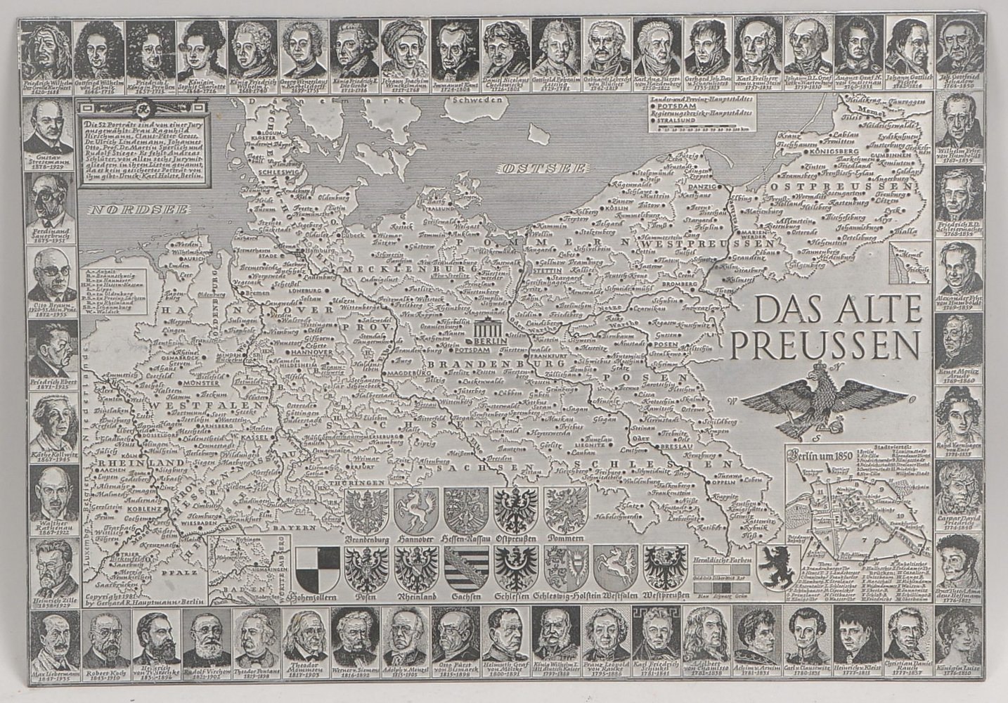 Historisches Sammlerstück: Druckplatte, Blei, 'Das Alte Preußen' - Landkarte mit Randportraits histo