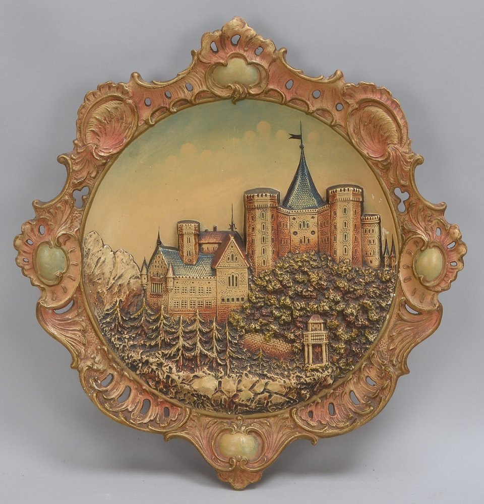 Ansichtenteller, Keramik, 'Schloss Hohenschwangau', Rocaillenrand; Ø 54 cm
