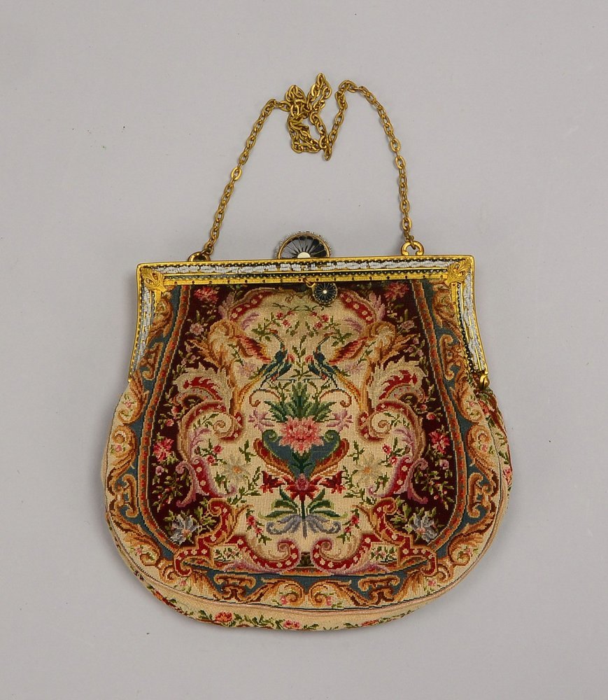 Vintage-Theatertasche, floral bestickt, mit innenliegendem Portemonnaie und Spiegel