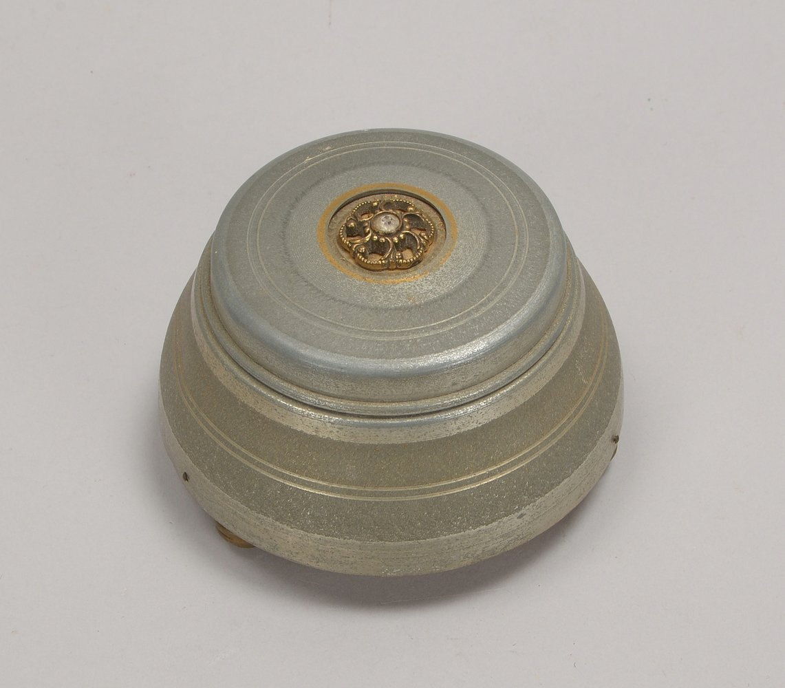 Spieluhr, runde Form, Alu-Gehäuse/als Deckelschale - funktionstüchtig; Ø 11,5 cm