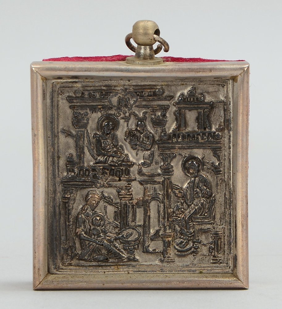 Miniatur-Ikone, 'Bibl. Szene' auf gepr. Blech/ger., im 84 Zolotniki-Silberrahmen