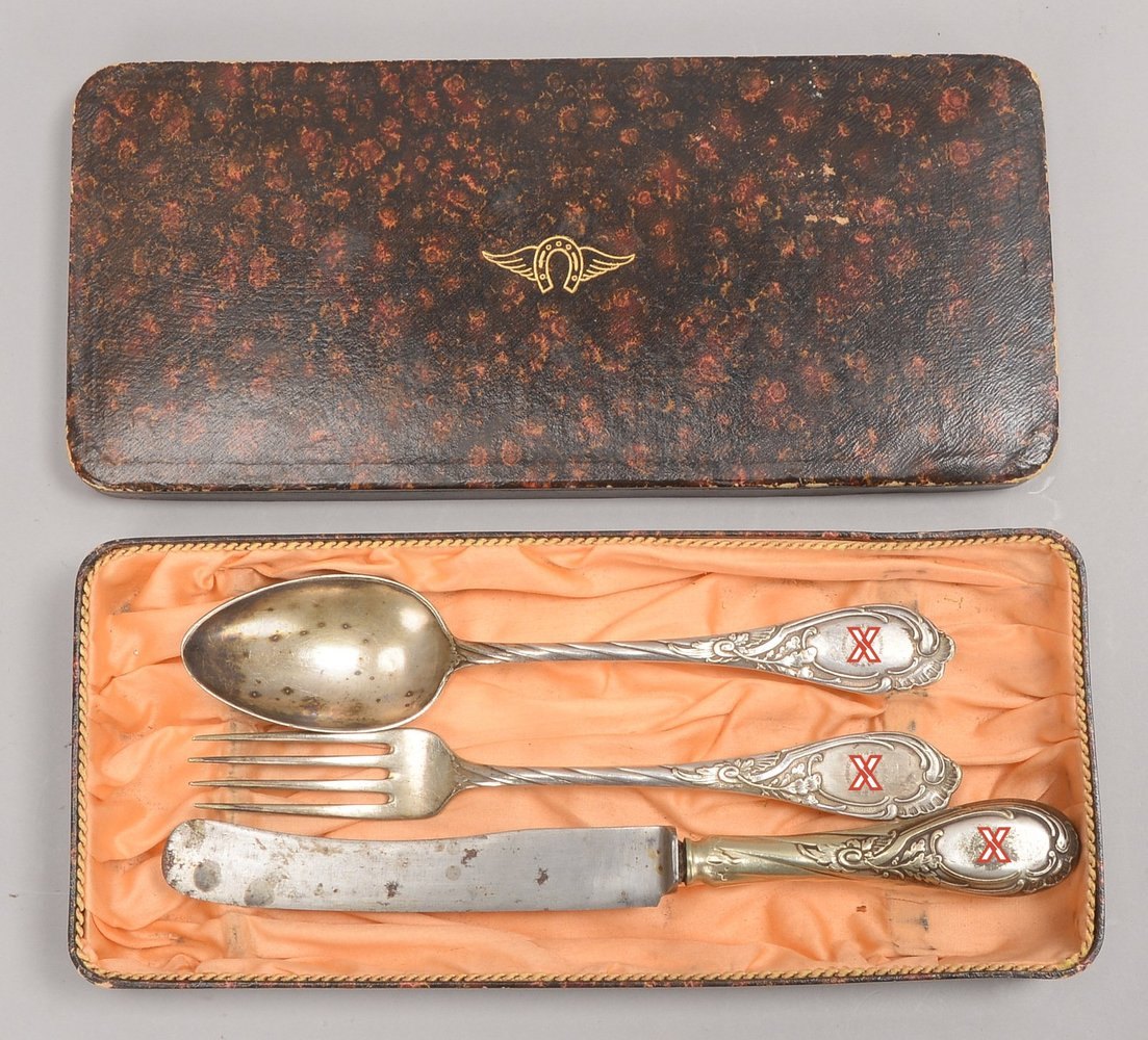 3-tlg. Besteck, 'III. Reich': Messer/Gabel und Löffel mit Swastika/Doppelrune, jew. bez.