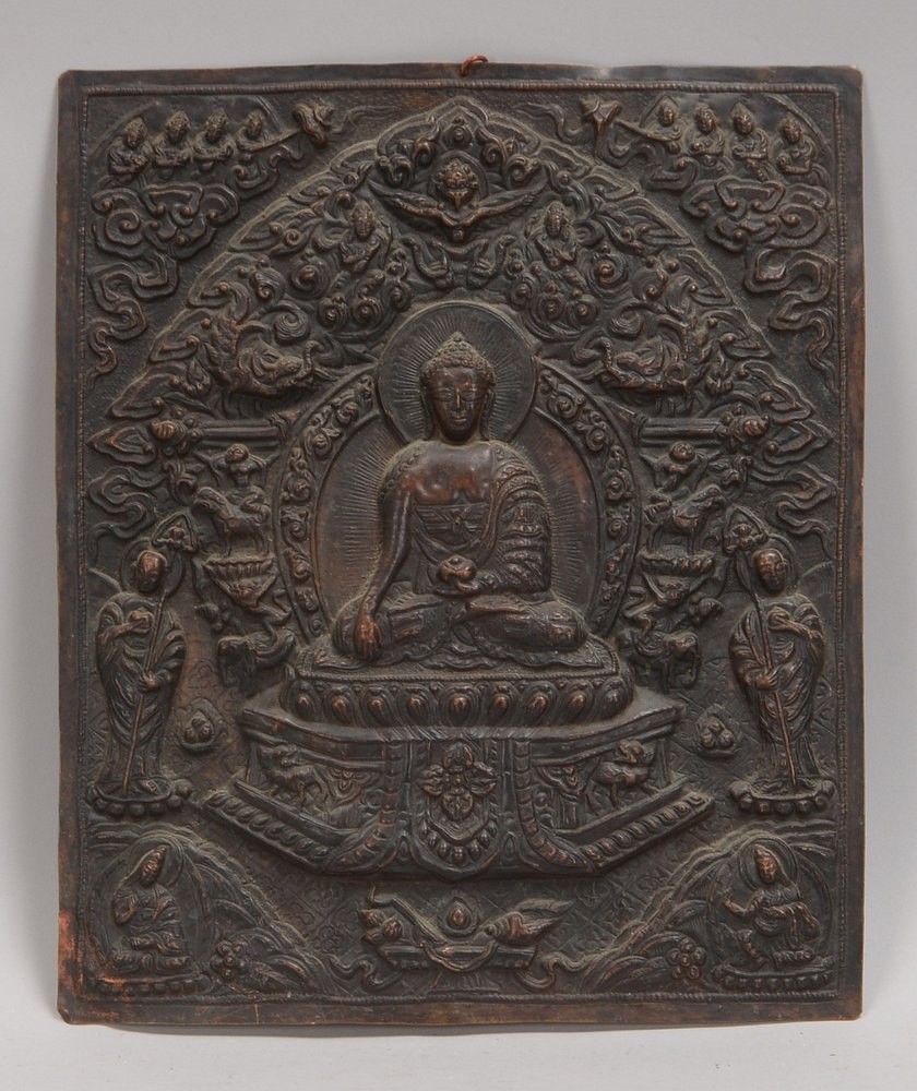 Votiv-Prägeplatte, Kupfer, mit Reliefdarstellung 'Buddha auf Lotussockel'