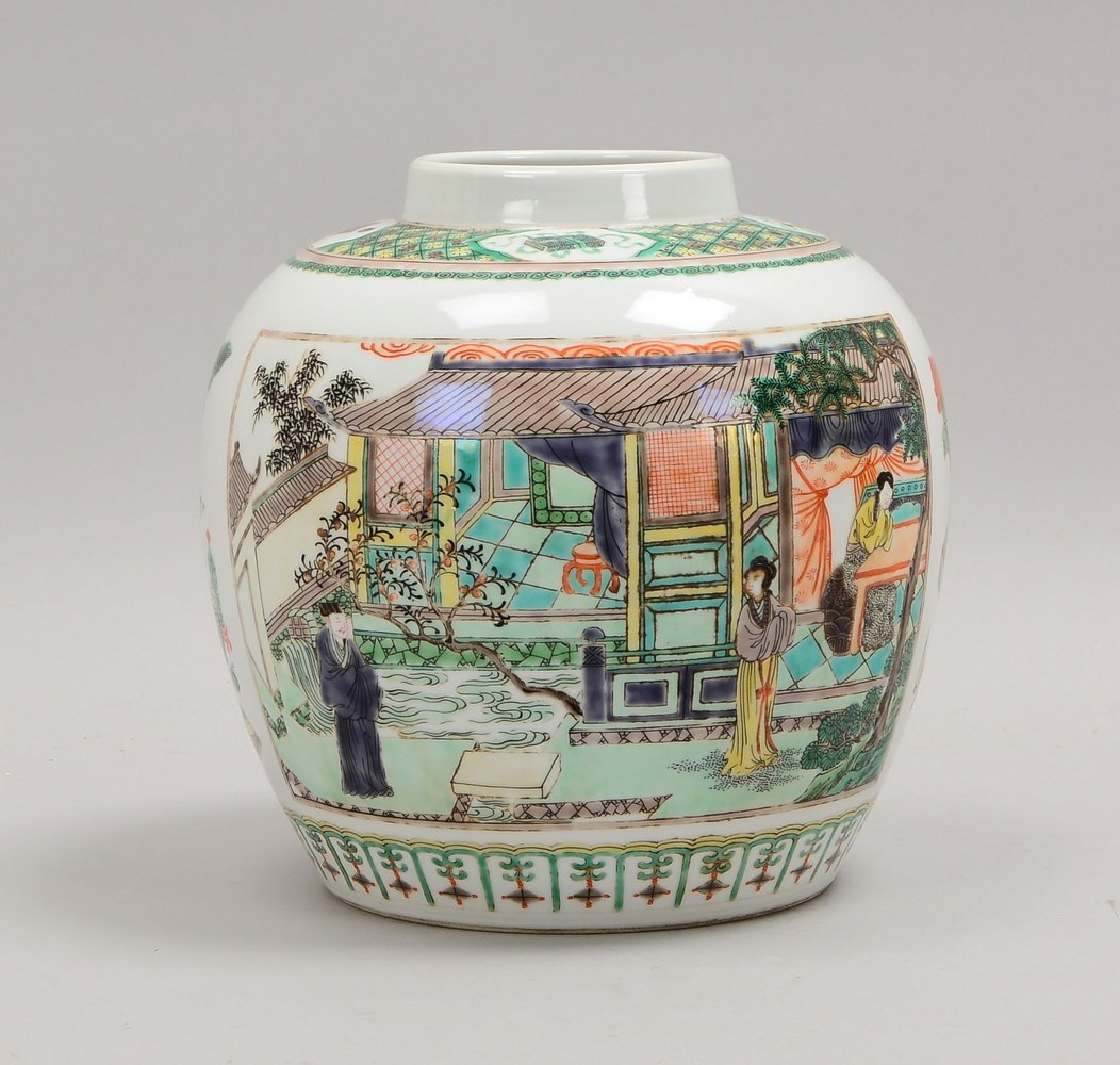 Porzellanvase, Wandung mit polychr. Bemalung ('Hof- und Landschaftsszenen'); Ø 22 cm
