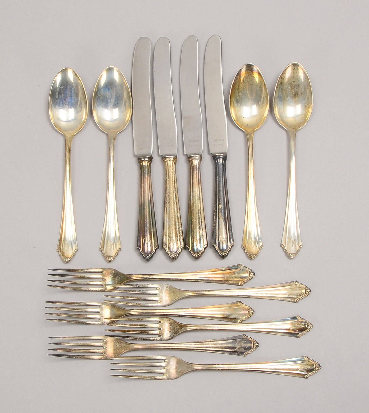 BSF, Tafelbesteck, 800 Silber: 4x Messer, 4x Löffel, 6x Gabeln; Gew./o. 660 g