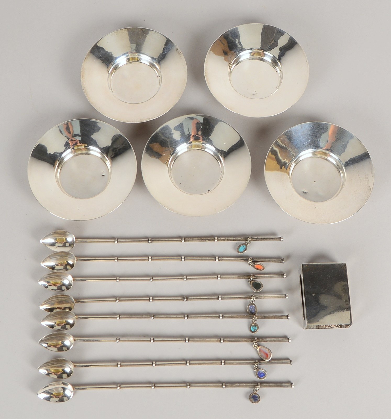 Silber-Servierteile: 8x Trinkstäbe/Cocktaillöffel, 4x Schälchen, 1 Zündholz-Etui