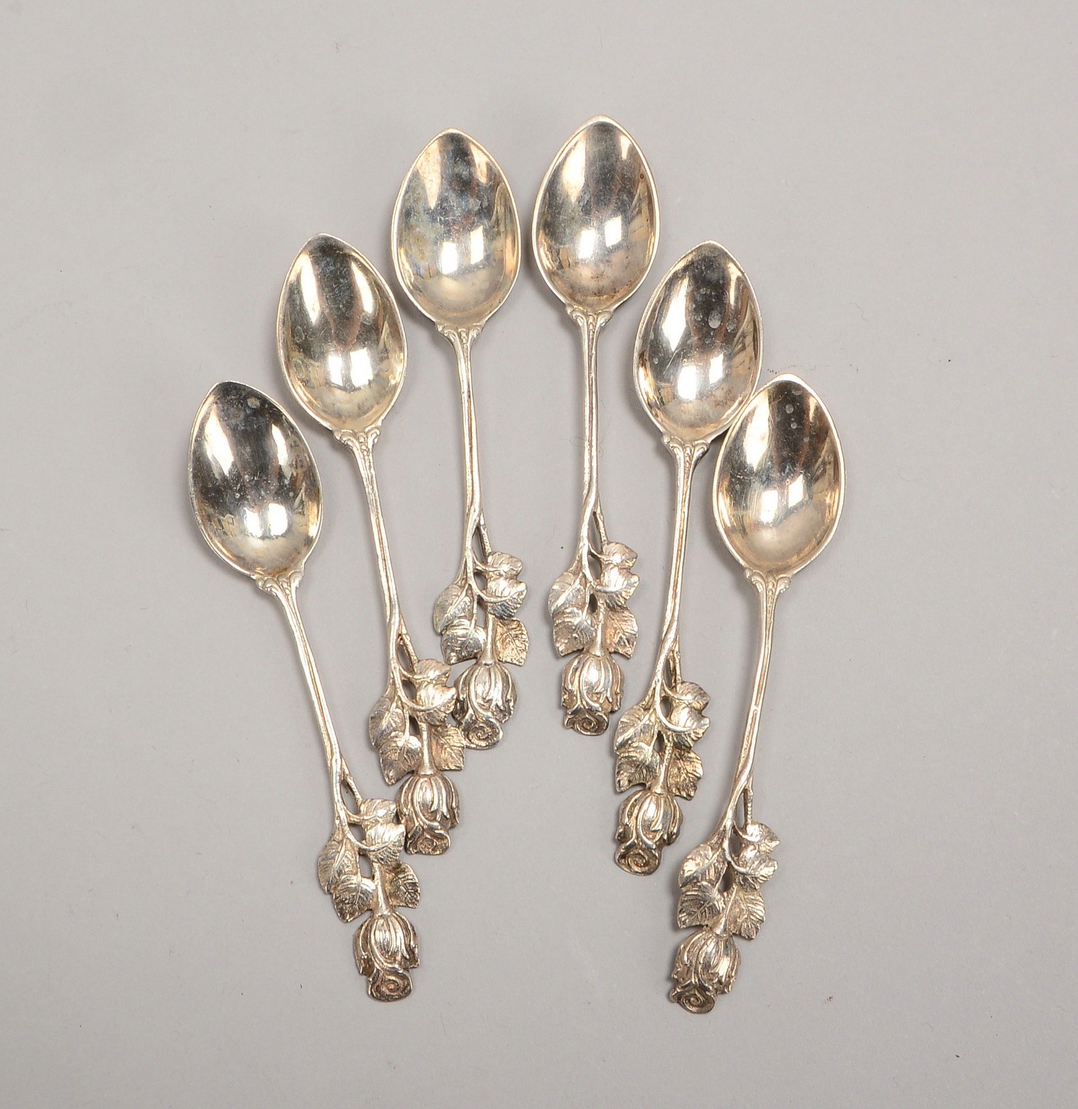 6x Mokkalöffel (Chr. Widmann), 800 Silber, Dekor 'Hildesheimer Rose; Gew. ca. 61 g