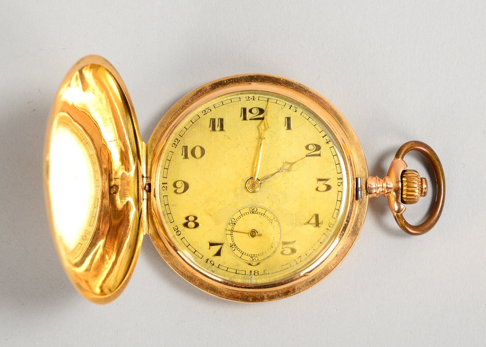 Taschenuhr, 585 Gold/3 Deckel Gold, Ziffernblatt mit arab. Ziffern; Gew. 76,80 g