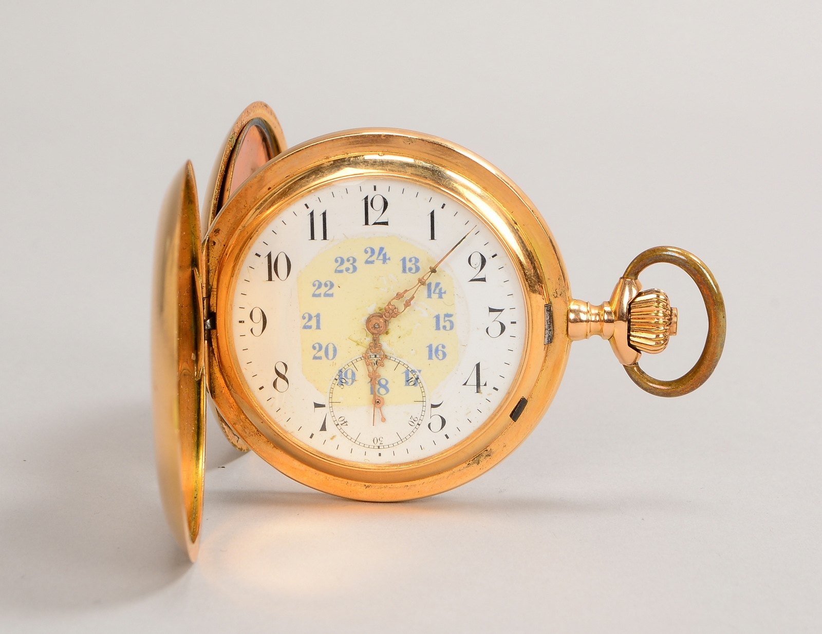 Taschenuhr, 585 GG-Geh., Metall-Staubdeckel, weißes Ziffernblatt mit arab. Ziffern