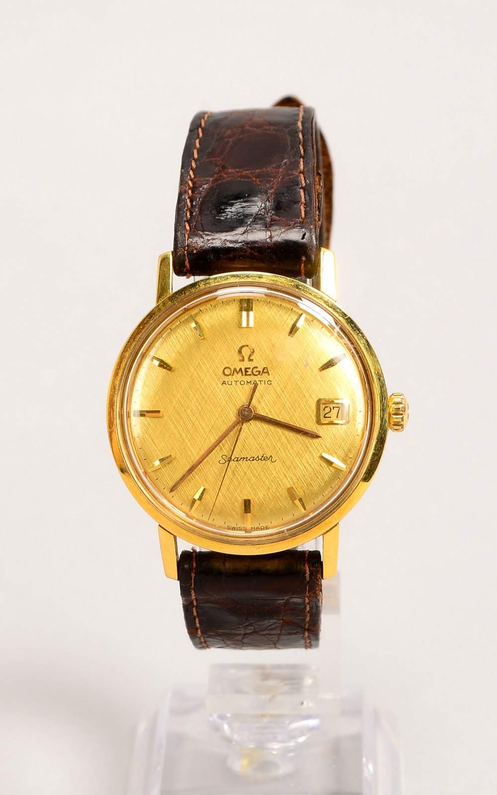 HAU Omega 'Seamaster', Automatik, 750 GG-Geh. mit Lederarmb., goldfarb. Ziffernbl.
