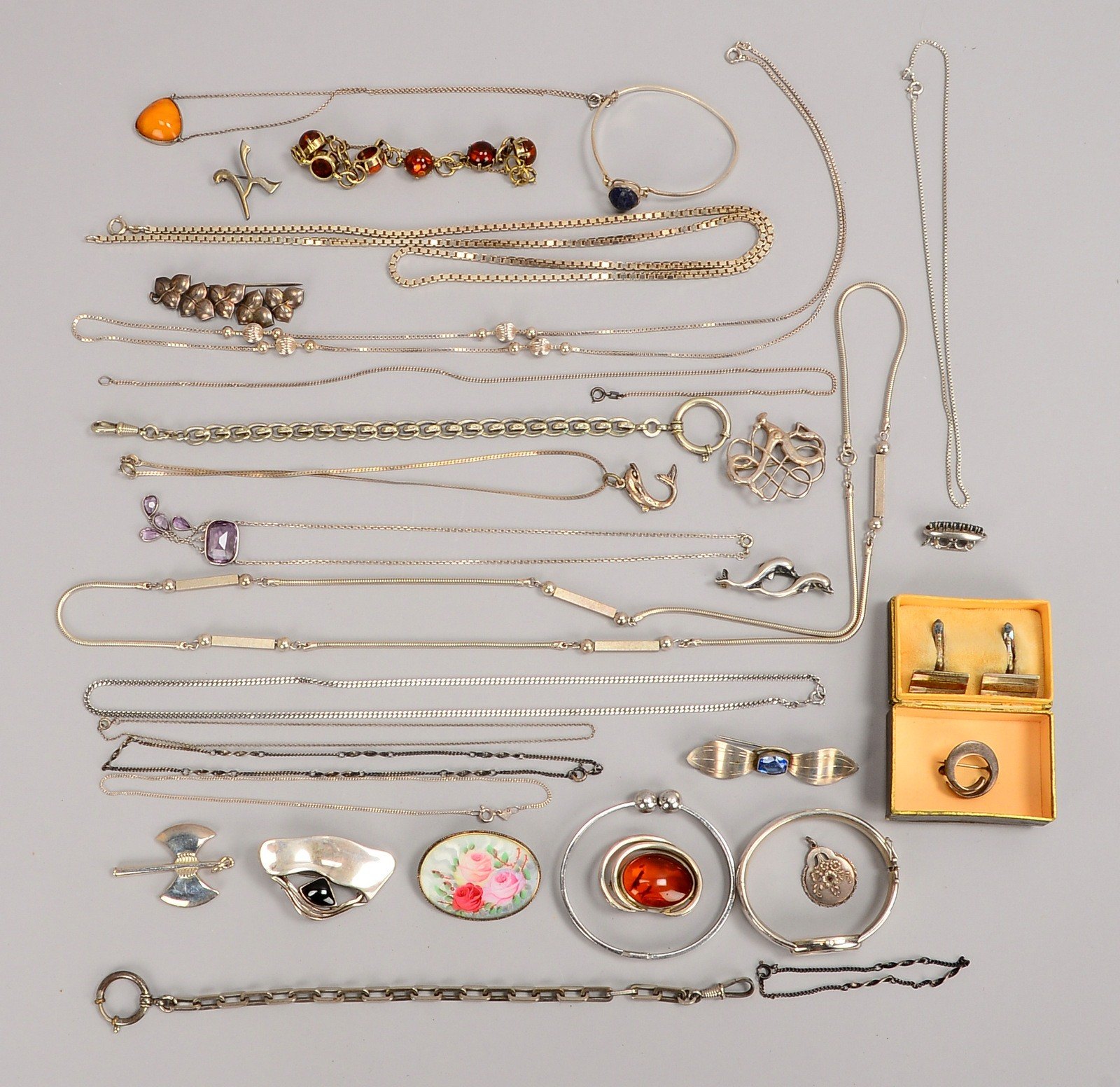 Silberschmuck-Konvolut: Halsketten, Armreife, Broschen, u.a. - versch. Ausf.; Gew. 360 g