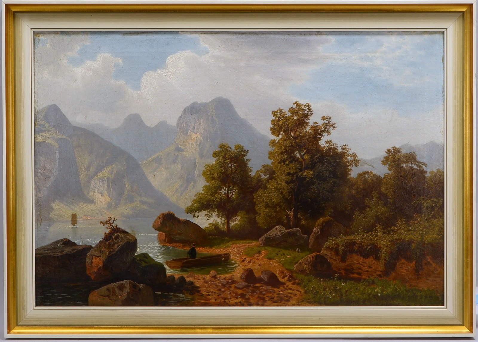 Nocken, Wilhelm Theodor, 'Bergsee mit Ruderboot', Öl/Lw, auf Leinwand bez./sign.