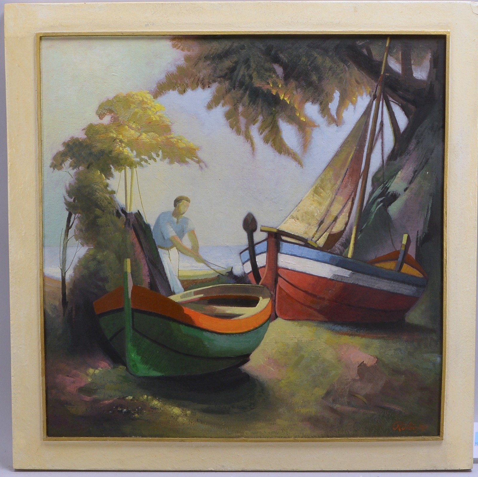 Rüter, Karl, 'Boote am Waldrand', Öl auf Holz/gerahmt, unten re. sign., dat. (19)'70'