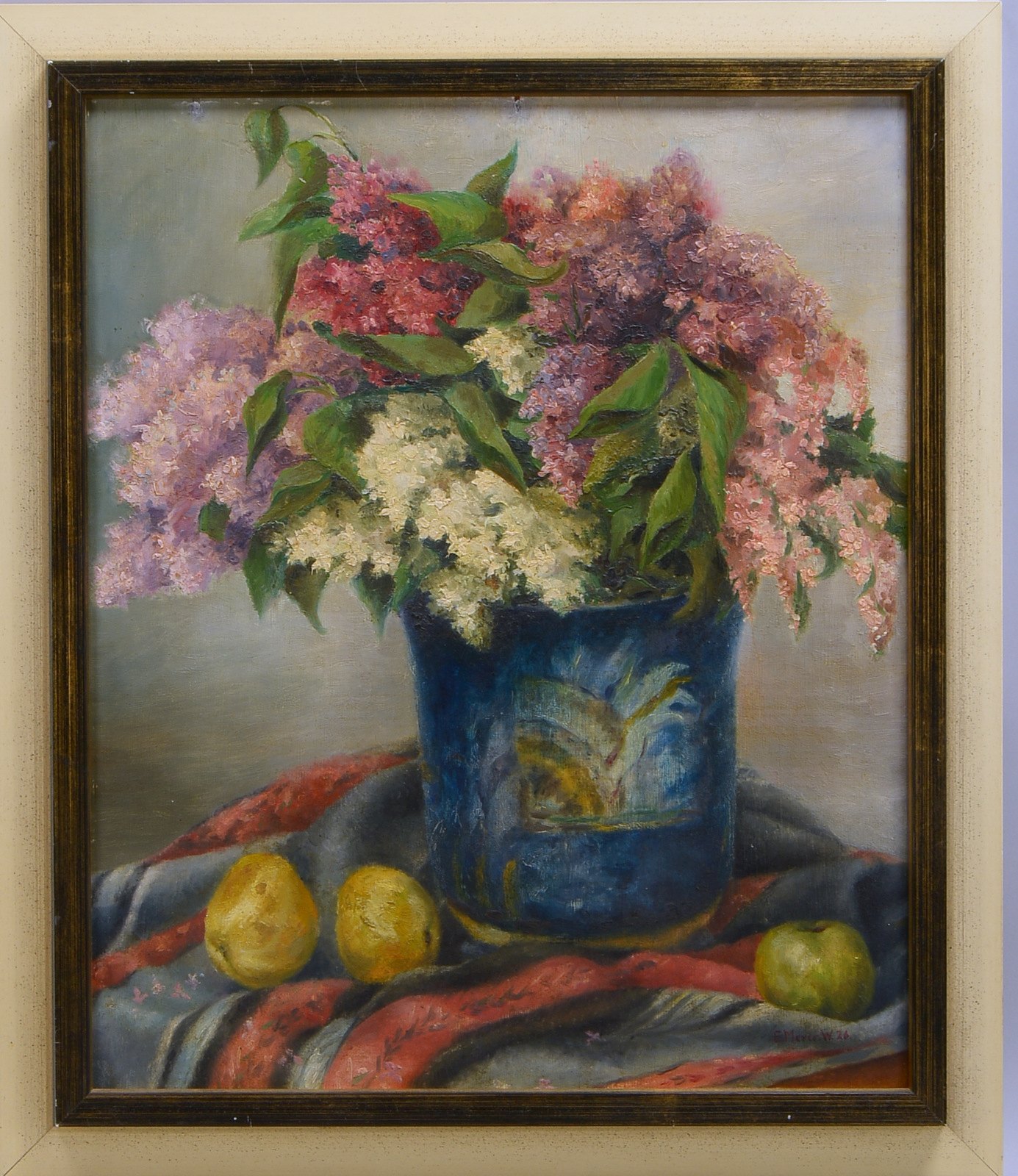 Meyer, Emmy, 'Blumenstillleben mit Flieder und Früchten', Öl/Holz, sign./dat. (19)'26