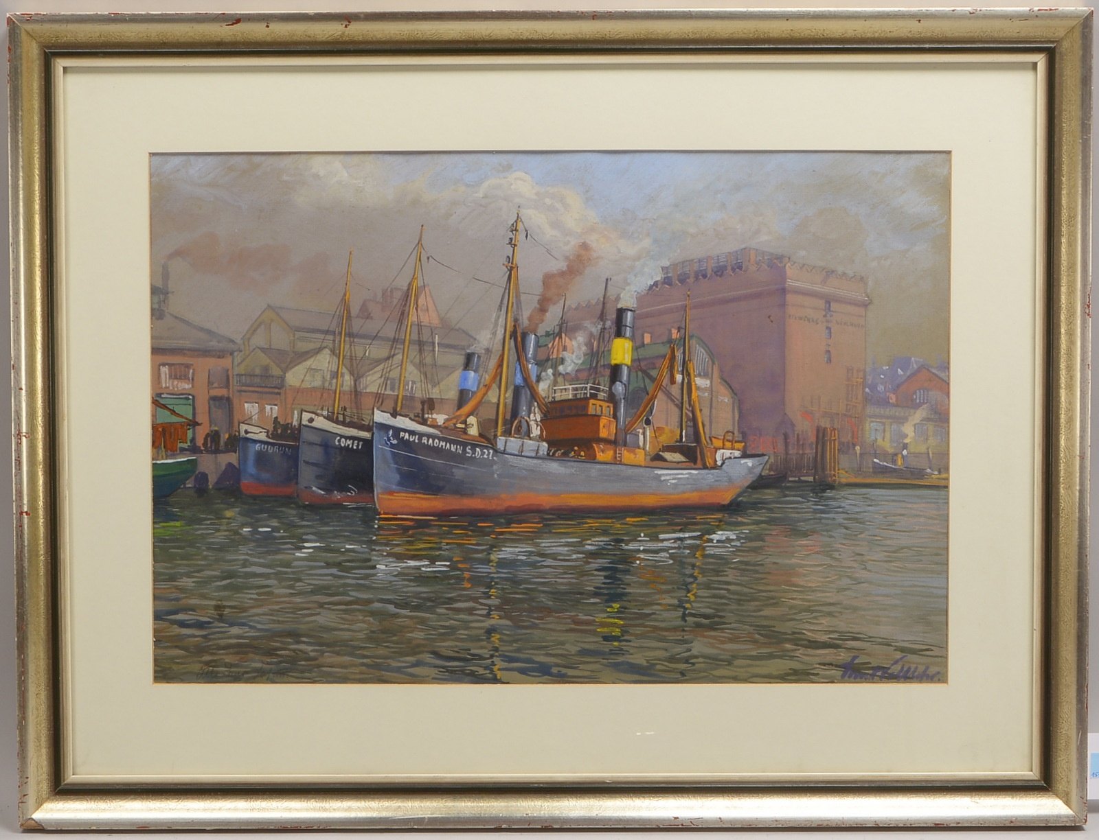 Vollbehr, Ernst (1876 Kiel - 1964, Marinemaler,Gouache, 'Hamburg St. Pauli - Fischereihafen mit Kühl