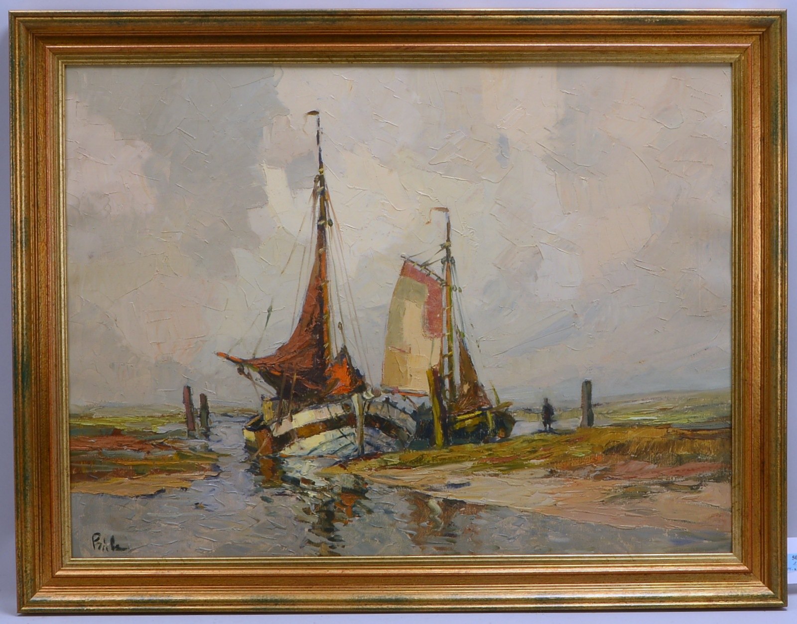 Priebe, Rudolf, 'Fischerboote im Siel', Öl/Lw, sign.; Rahmenmaße 69,5 x 89,5 cm