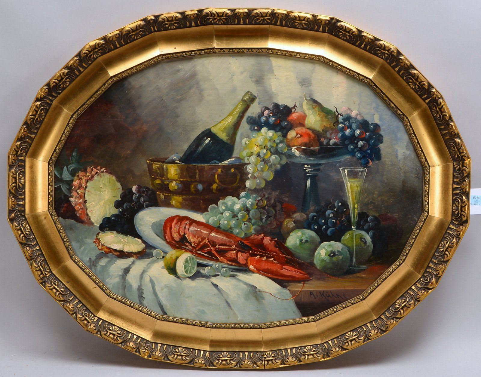 Kühne, A., 'Tischstillleben mit Hummer, Sekt und Früchten', Öl auf Platte/ger., sign.