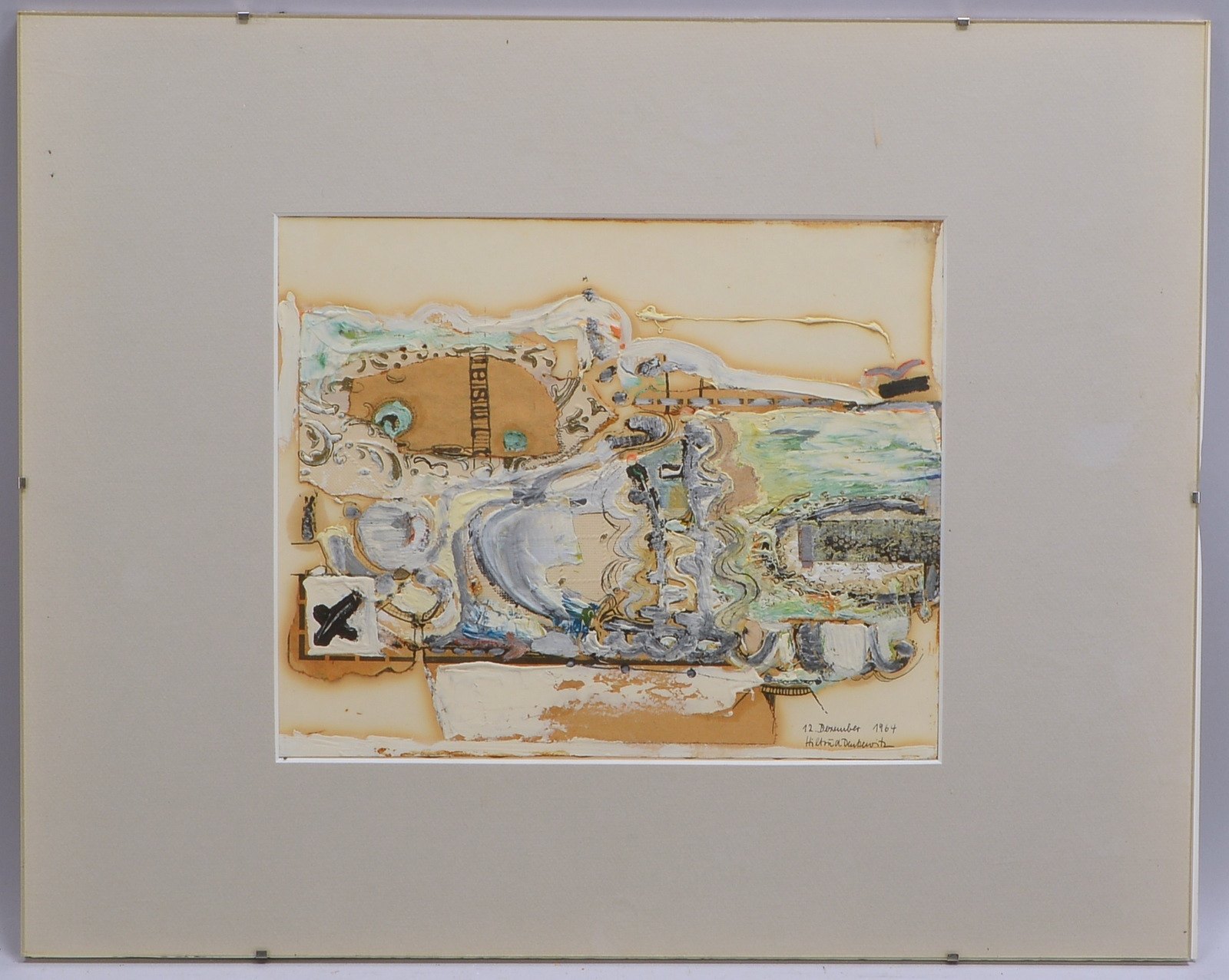Denkewitz, Hiltraud, 'Mod. Kompos.', Mischtechnik, sign./dat. '12. Dez. 1964', hinter Glas