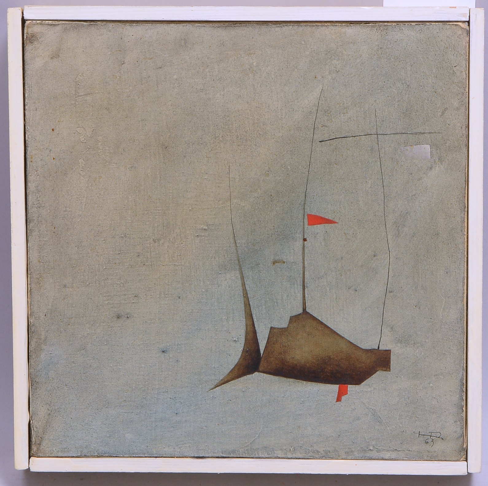 Monogrammist, 'Mod. Kompos.', Öl/Lw, monogr./dat. (19)'63'; Rahmenmaße 27,5 x 27,5 cm
