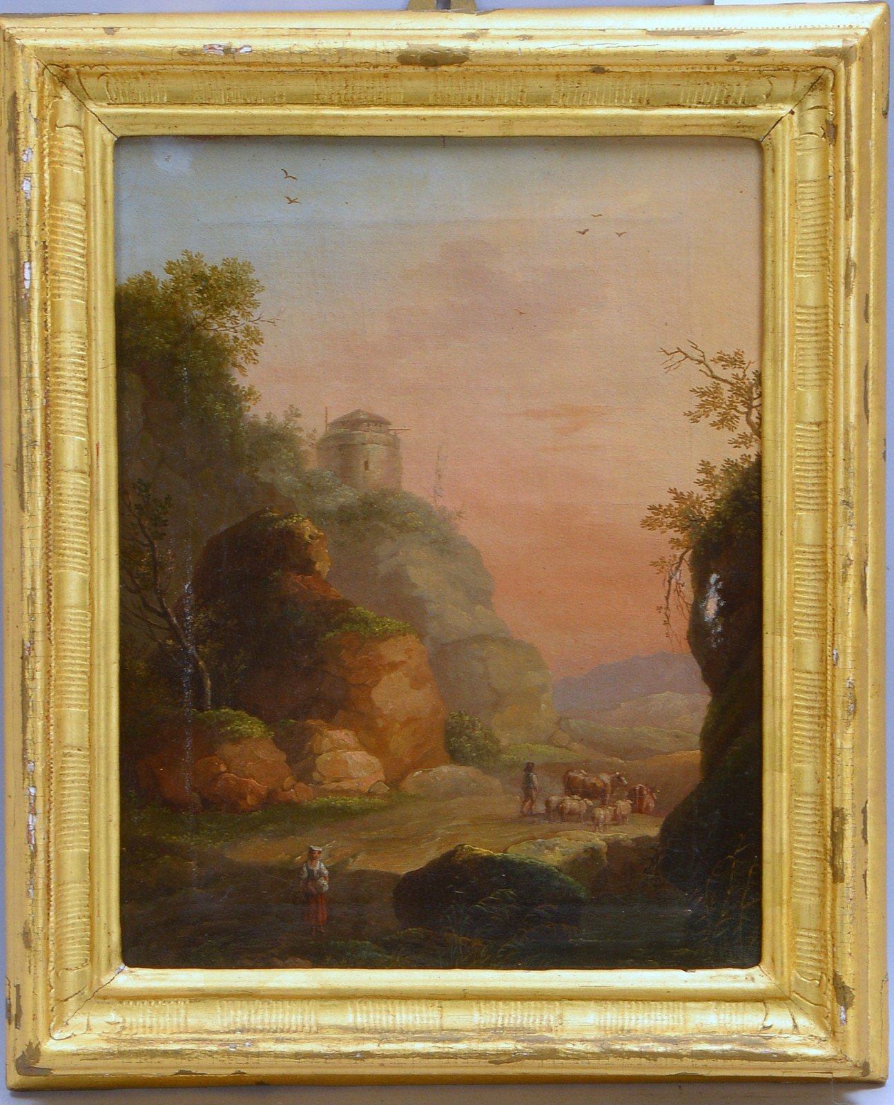 Gemälde, 'Romant. Landschaft mit Schäfer und Bäuerin', Öl/Lw, unsign.
