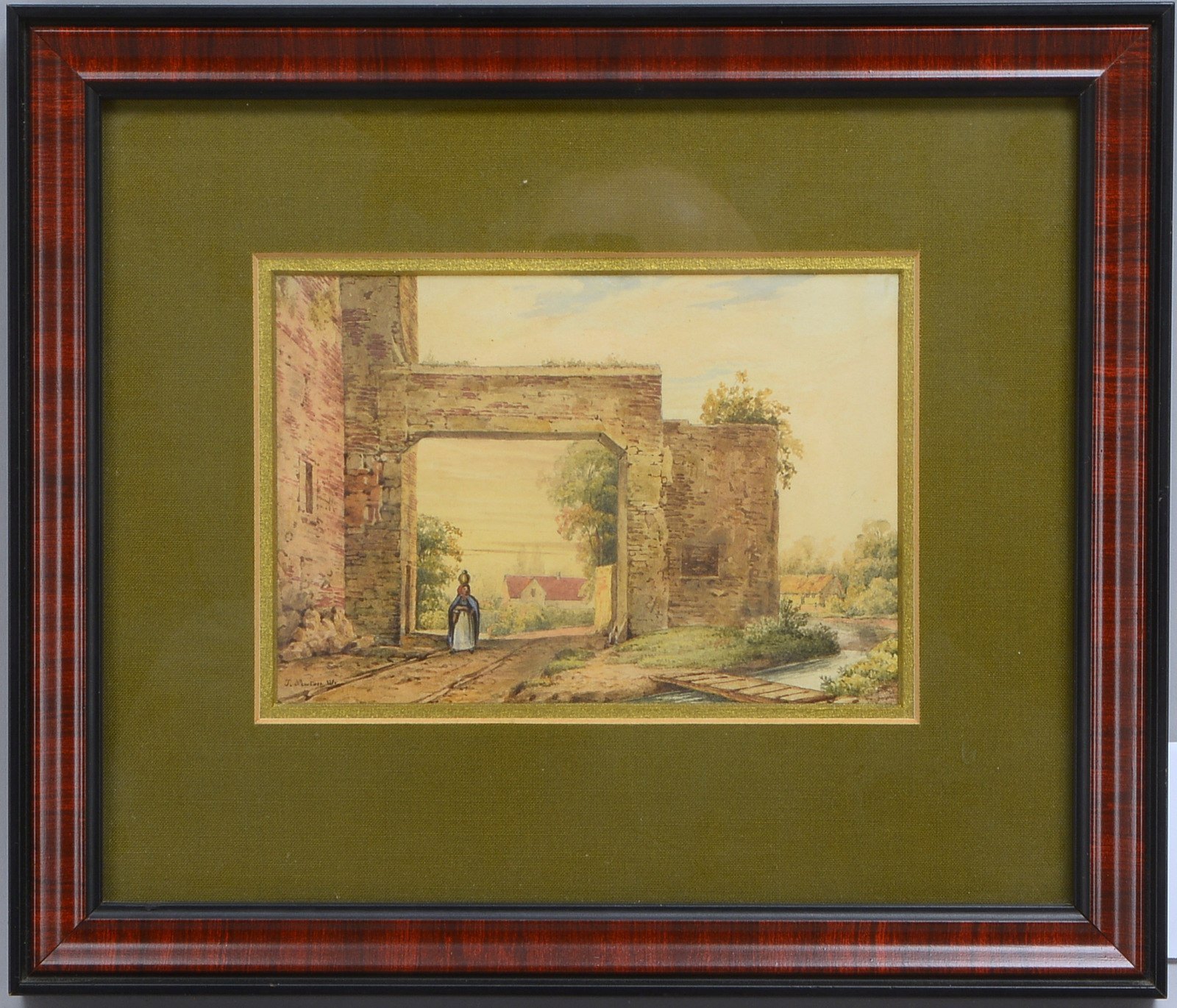 Newton, John, 'Romant. Landschaft und Stadttor', Aquarell, sign., unter PP hinter Glas