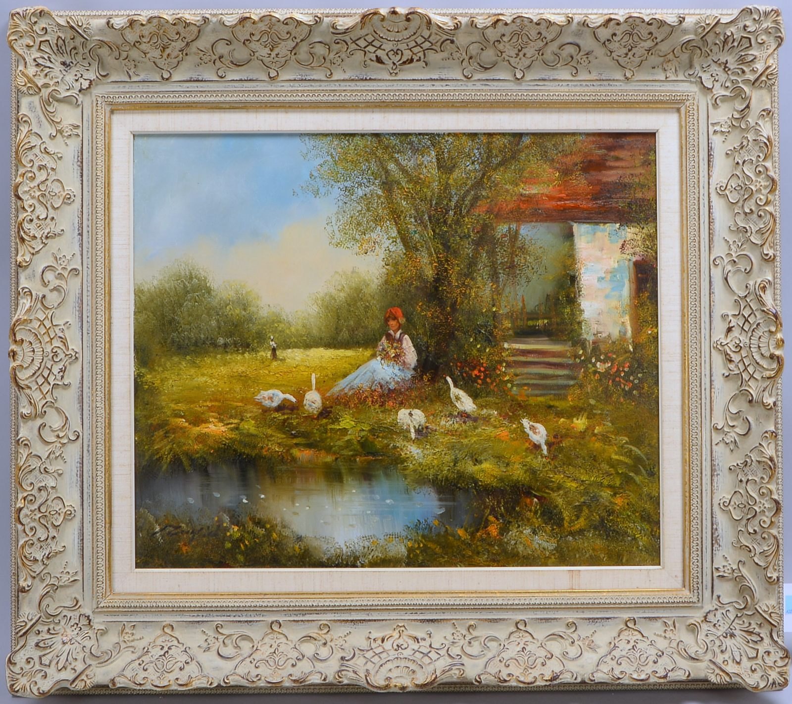 Gemälde, 'Am Ententeich', Öl/Lw, unten links sign.; Rahmenmaße 76,5 x 86,5 cm