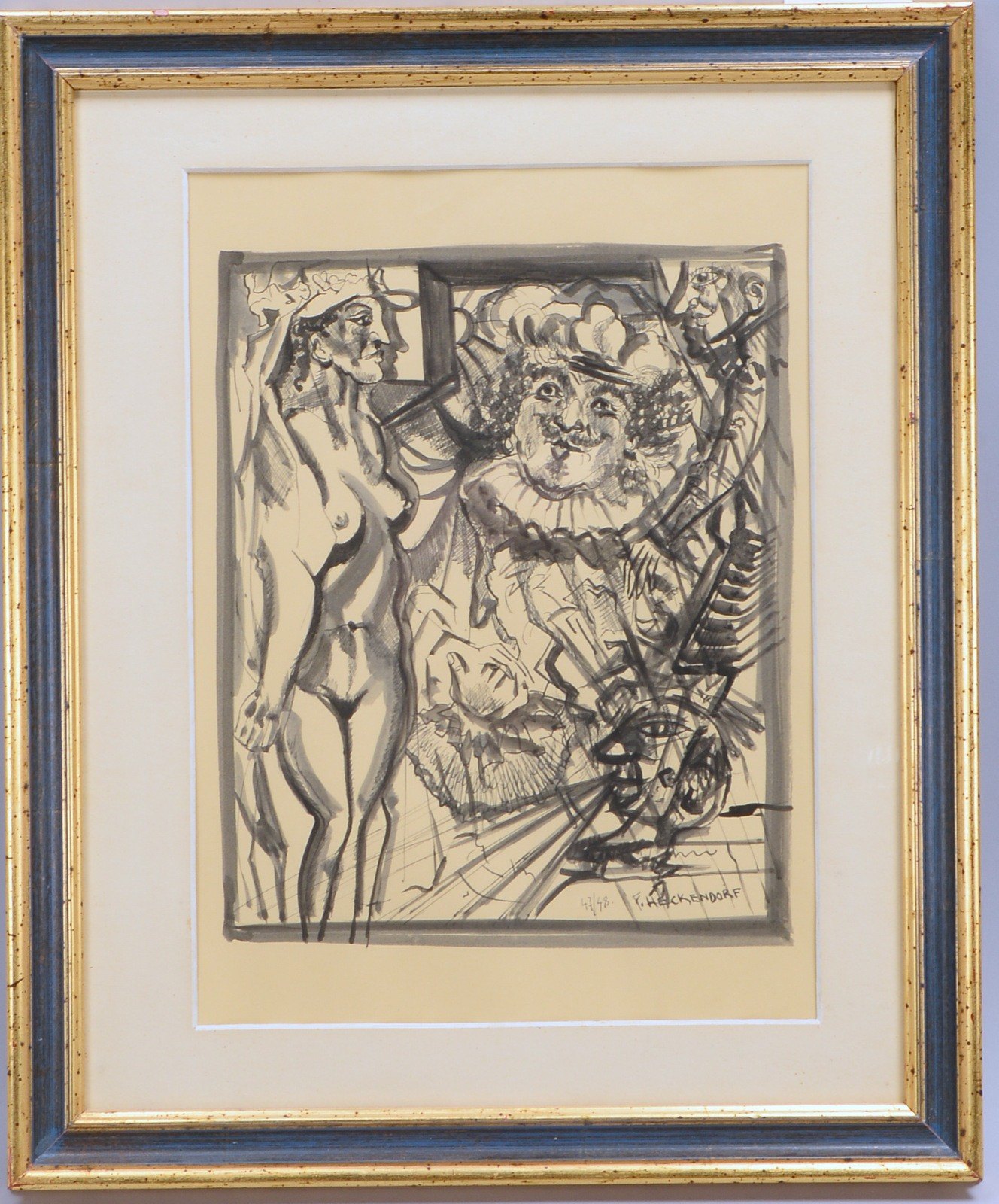 Heckendorf, Franz, 'Kompos. mit weibl. Akt', Tusche/Tinte auf Papier, unten re. sign./dat.