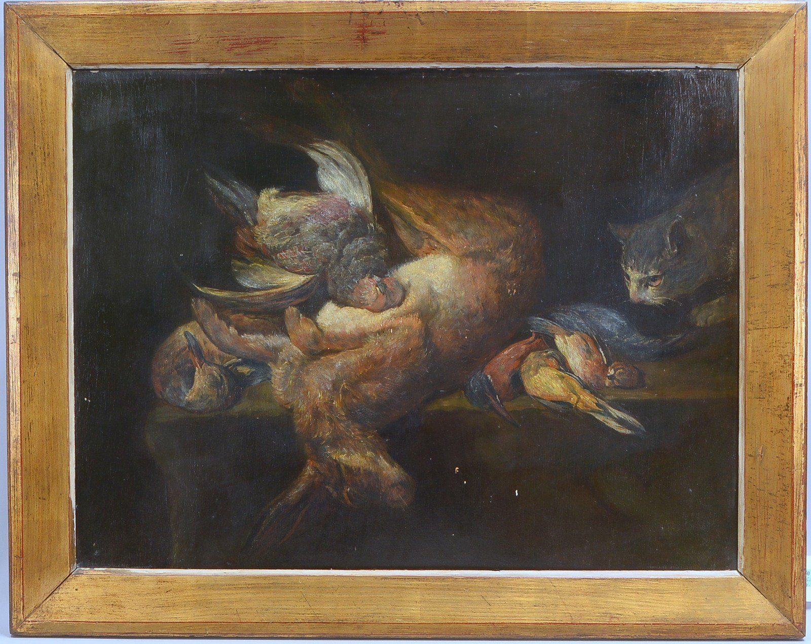 Gemälde, 'Jagdstillleben mit Katze', Öl auf Holz, unsign.; Rahmenmaße 74 x 93 cm