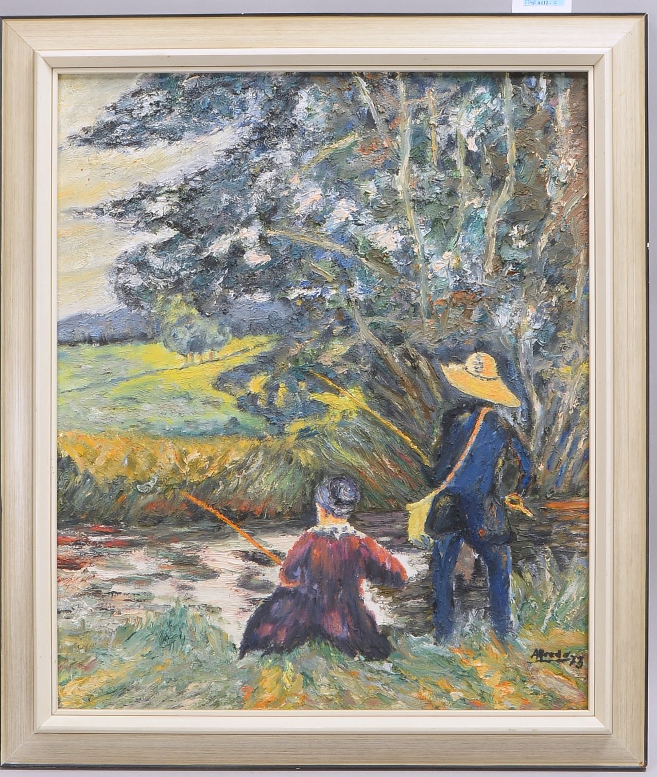 Gemälde, 'Angler am Teich', Öl/Lw, unten rechts sign. 'Alfredo ...'(-?) und dat. (19)'73'(?)