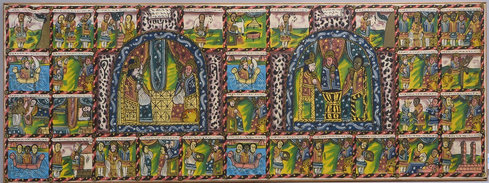 Gemälde, 'Alttestamentarische Szenen', Acryl/Lw, in Transportleiste; Maße 62,5 x 169 cm
