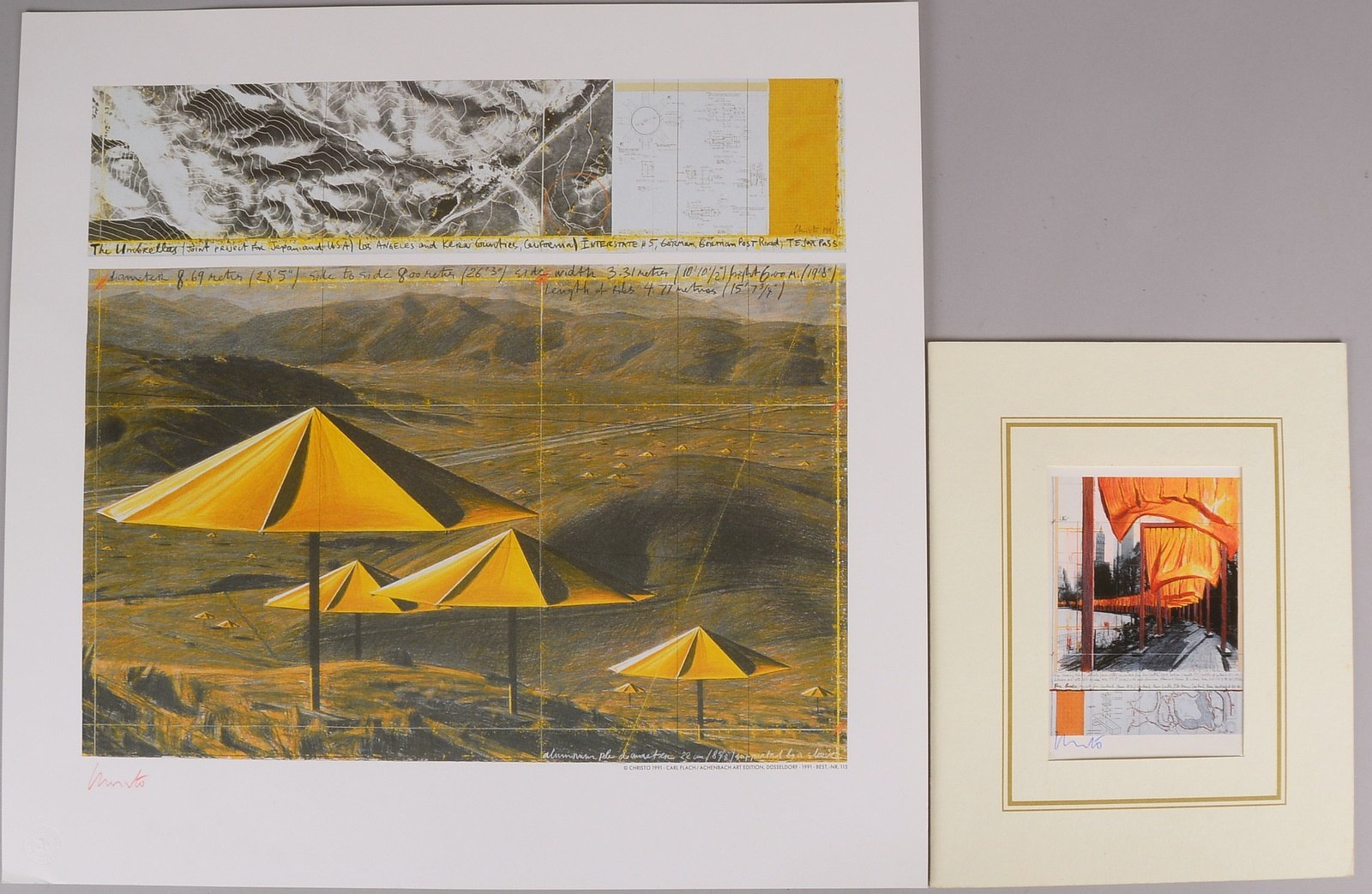 Christo 'The Umbrellas', Farboffset auf Karton; und Künstler-Postkarte, 'The Gate'