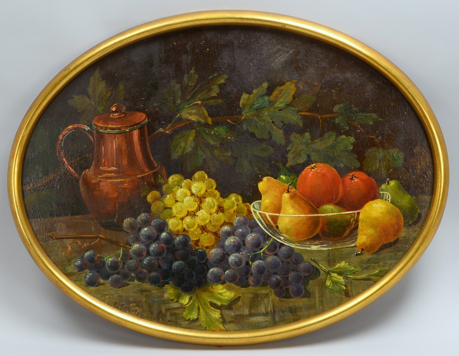 Scharfschwerdt, A., 'Früchtestillleben mit Kupferkanne', Öl/Platte, sign./dat. '1918'