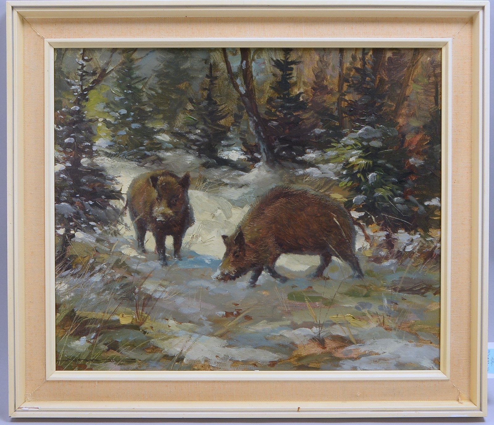 Gemälde, 'Keiler im Winter', Öl/Lw, unten links sign.; Rahmenmaße 62 x 72 cm
